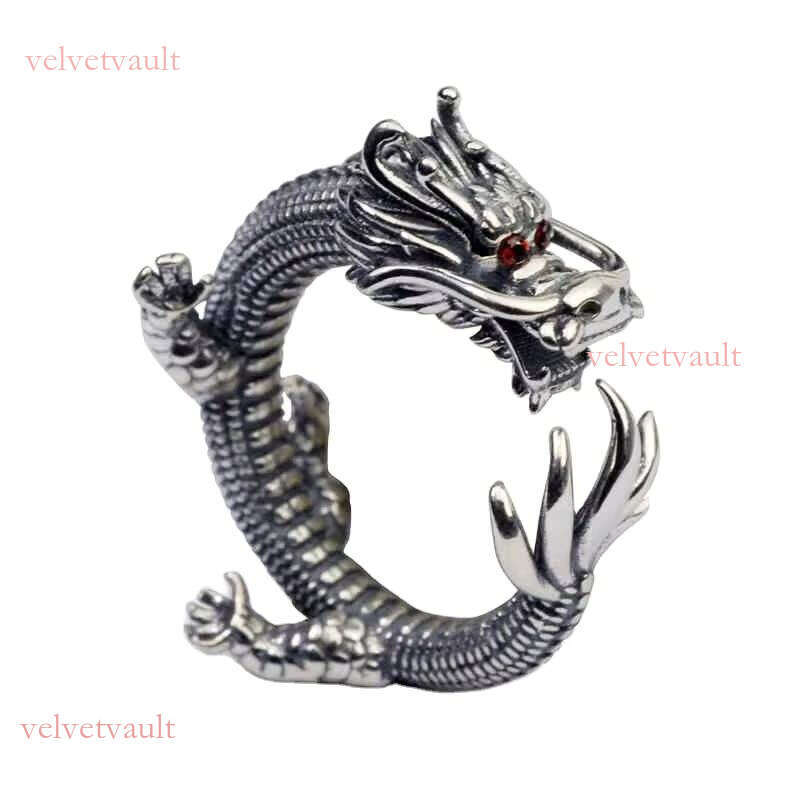 Real Solid Dragon Vintage Men's Open Size Adjustable Thai Sier Rings Men Accessories Jewelry