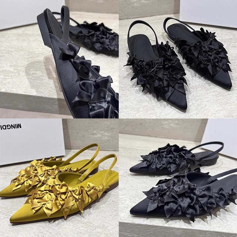 free shipping designer sandals womens flats heels sandal summer yellow black satin face classic fashion bowknot pointed toe ankle strap single shoes l