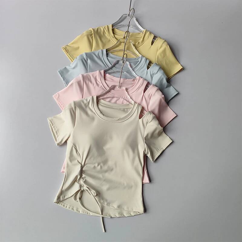 New Summer Yoga Short-sleeved Drawstring Slimming Integrated Coaster Quick-drying Sports T-shirt Running Suit Top