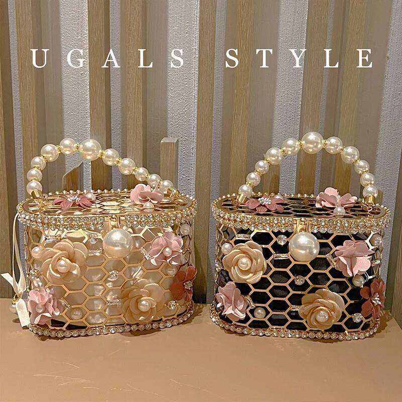 Hollowout Pearl Beaded Metallic Cage Women Handbag Rhinestone Dia Evening Wedding Party Clutch Purse Shoulder Bag