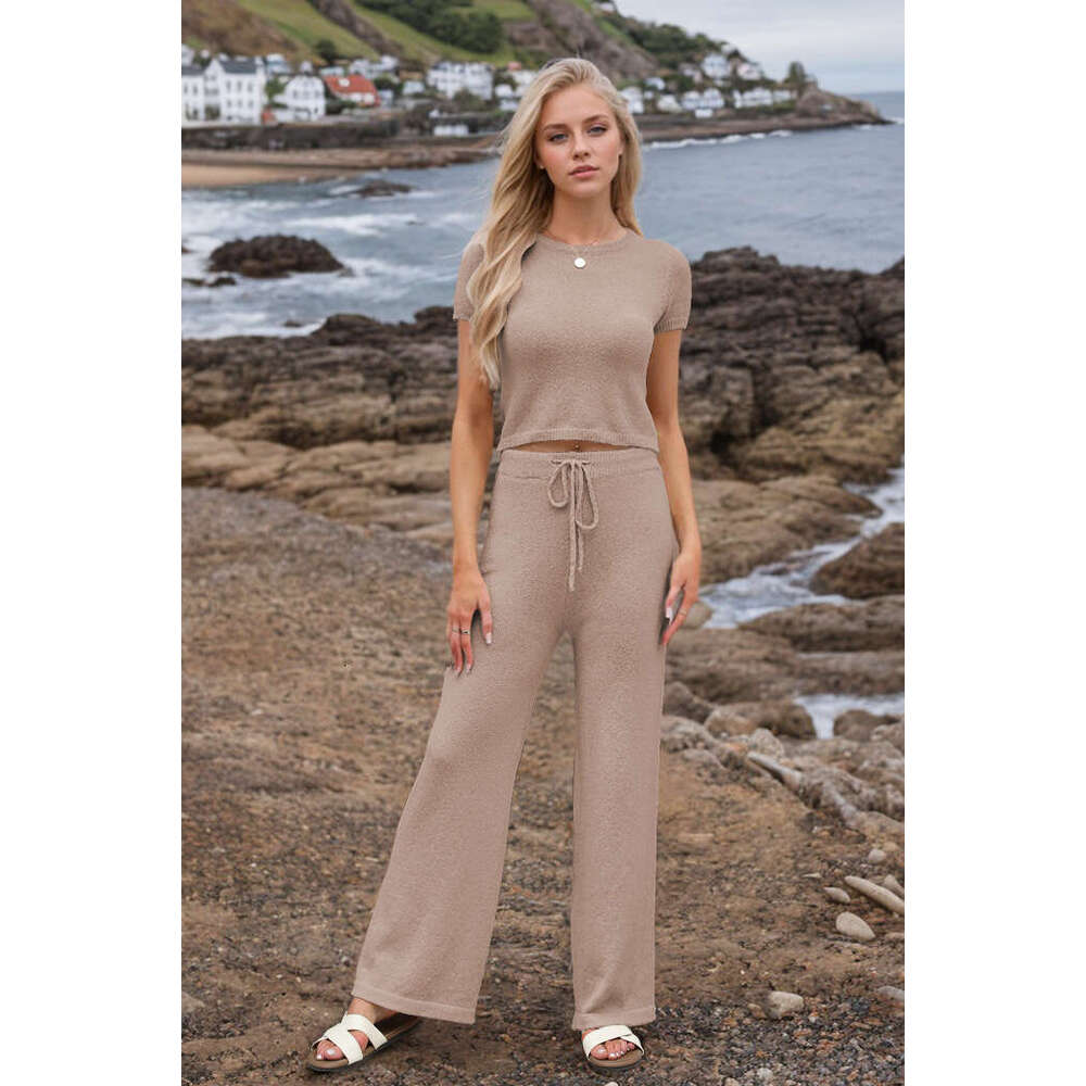 2025 New Spring Summer Temu Women's Casual Fashion Knitted Solid Color Set