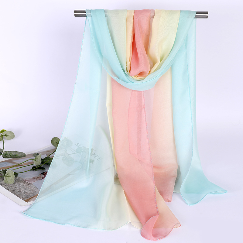 K848 Gradient color silk scarf for women in summer, thin and versatile scarf for body dance, long georgette, small long scarf
