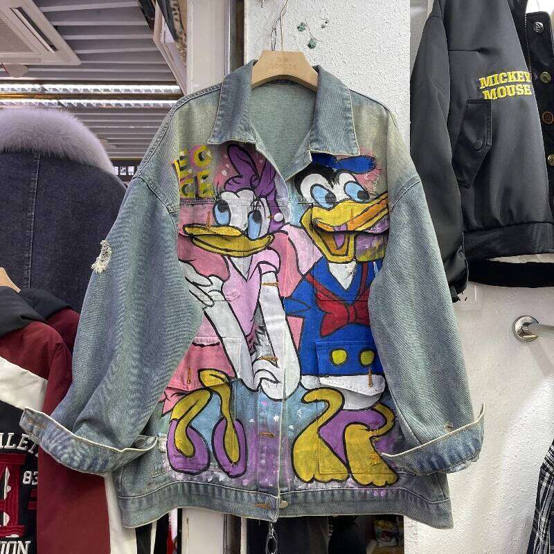 Autumn Hand-Painted Graffiti Denim Jacket Loose Mid Length Cartoon Printed Top Street Fashion Made Old Ripped Jackets For Women