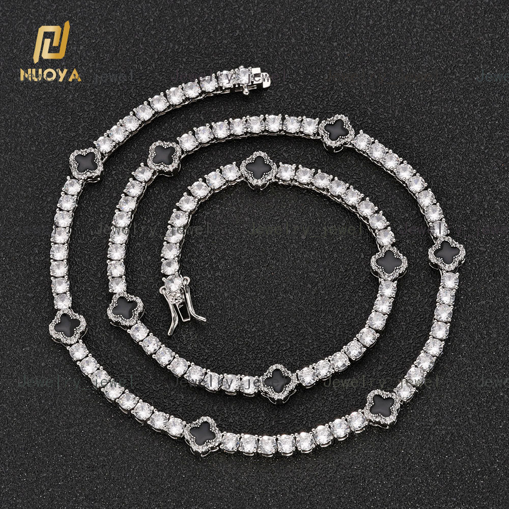 NUOYA Fashion Hiphop Jewelry Four-leaf Clover Tennis Chain Choker Necklace Women White Gold Iced Out Cubic Zircon Chain Necklace