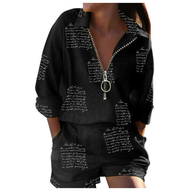 2025 Summer New Women's Long Sleeve Printed Zipper Top and Shorts Two-Piece Set