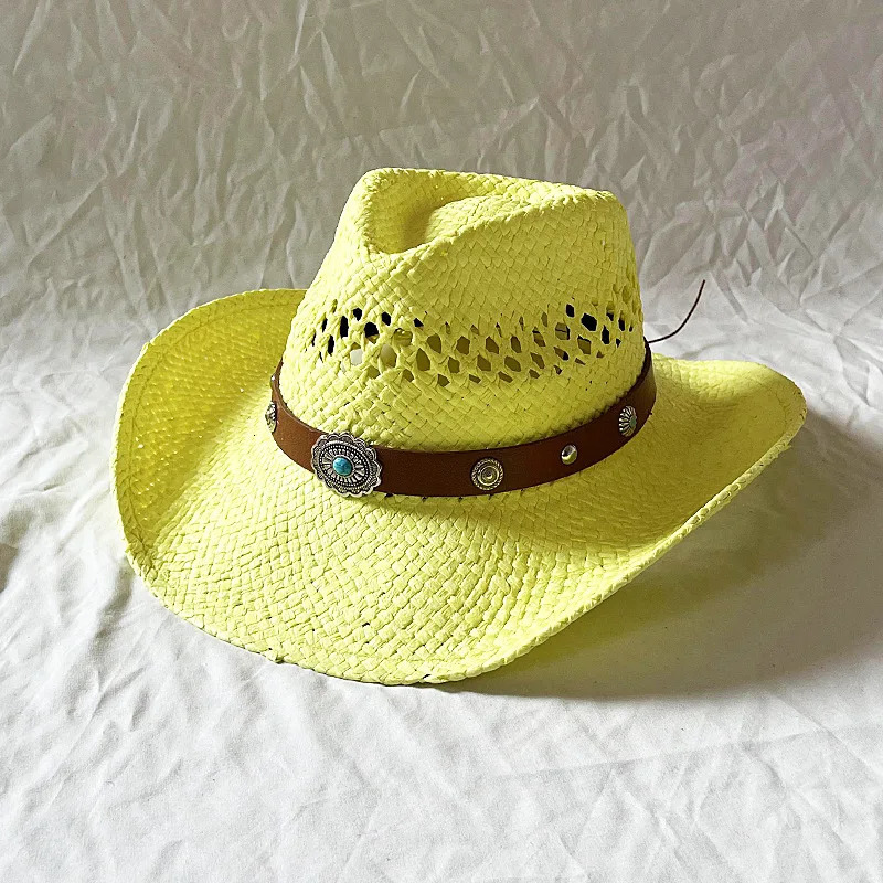 Handmade Summer Straw Hat Womens Mens Hollow Cowboy Hats Punk Large Brim Hat Western Beach Boho Straw Hat Holiday Cap 250526
