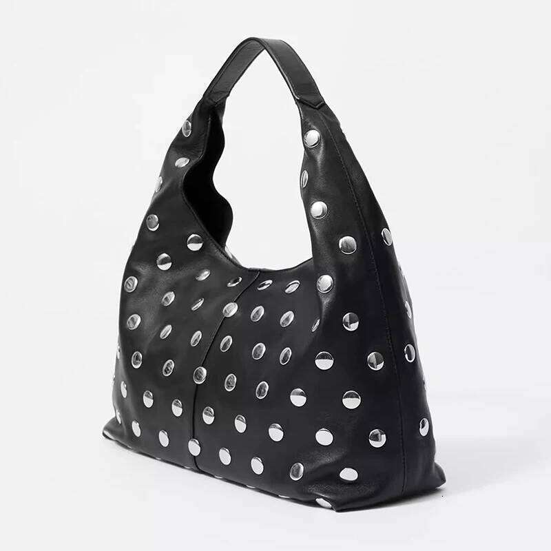 Women's Bags Designer Black Motorcycle Style Hobo Retro Oil Underarm Casual Leather Bucket Storage Personal Rivet Bag