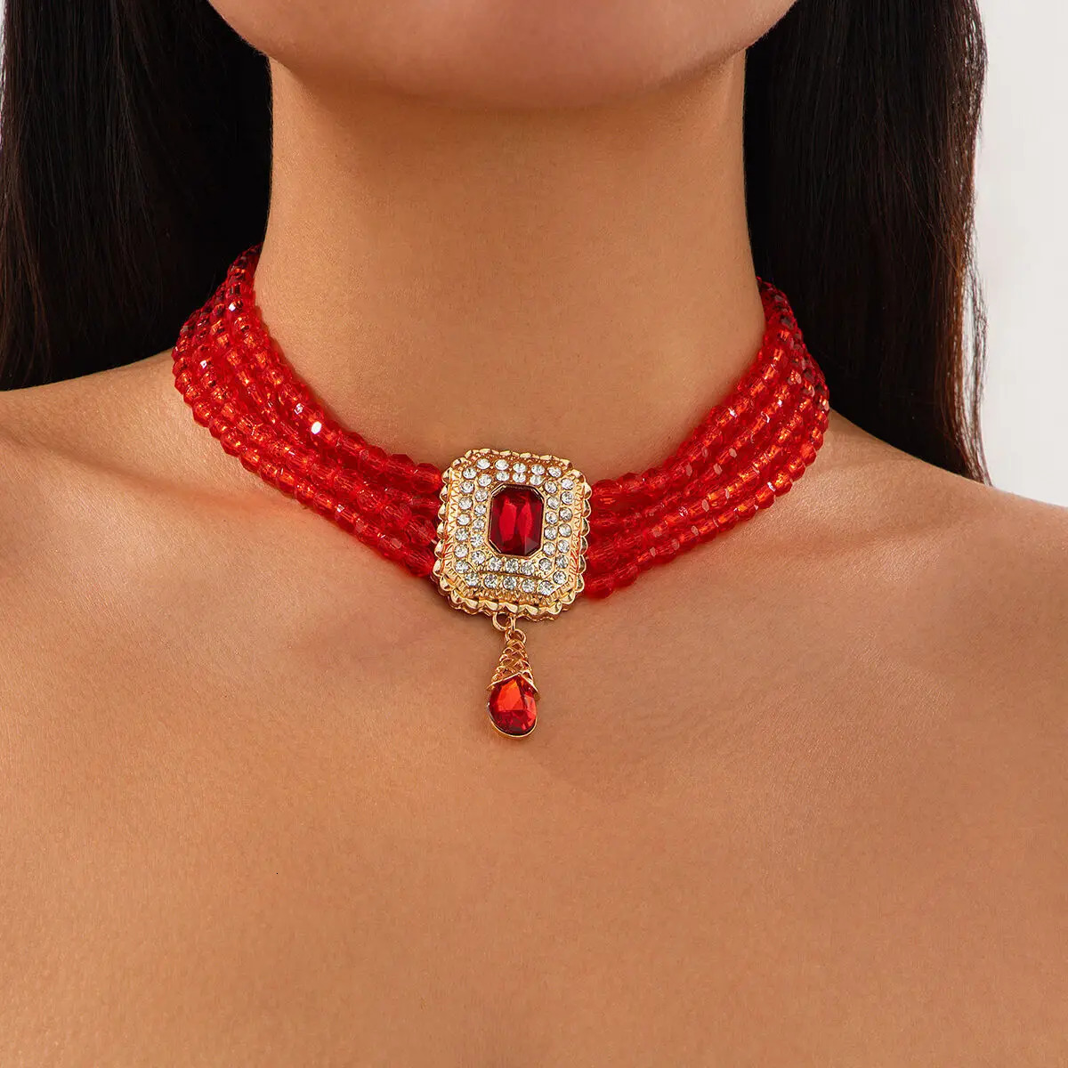 KunJoe Elegant Multilayer Crystal Beads Chain Necklace Women Water Drop Short Choker Wedding Jewelry Bride Neck Ornament 250522