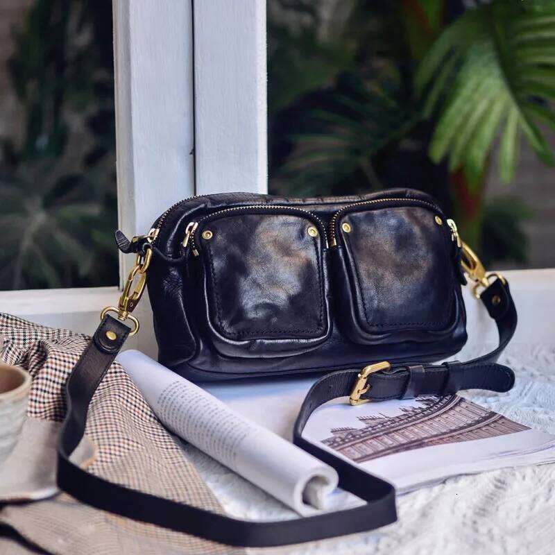 Vintage Natural Genuine Leather Women's Multi-Pocket Crossbody Casual Outdoor Real Cowhide Female Shoulder Bag