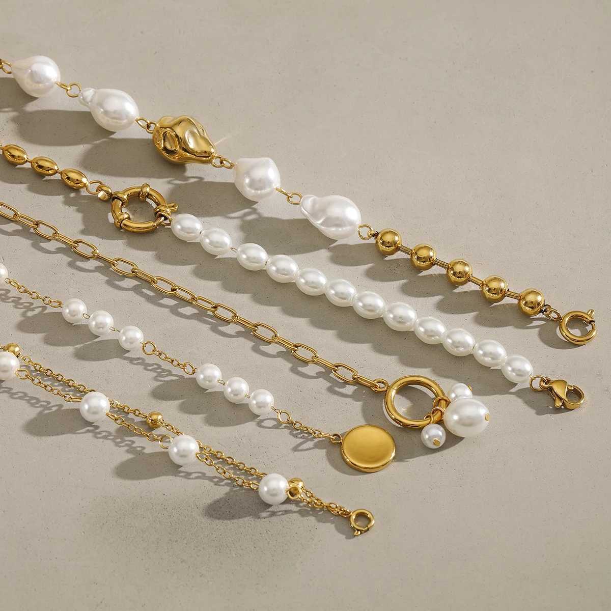 18K Gold Plated Bead Chain Irregular Shaped Glass Pearl Bracelet Chain Women Stainless Steel Rust Proof Anti Allergic Jewelry W250526