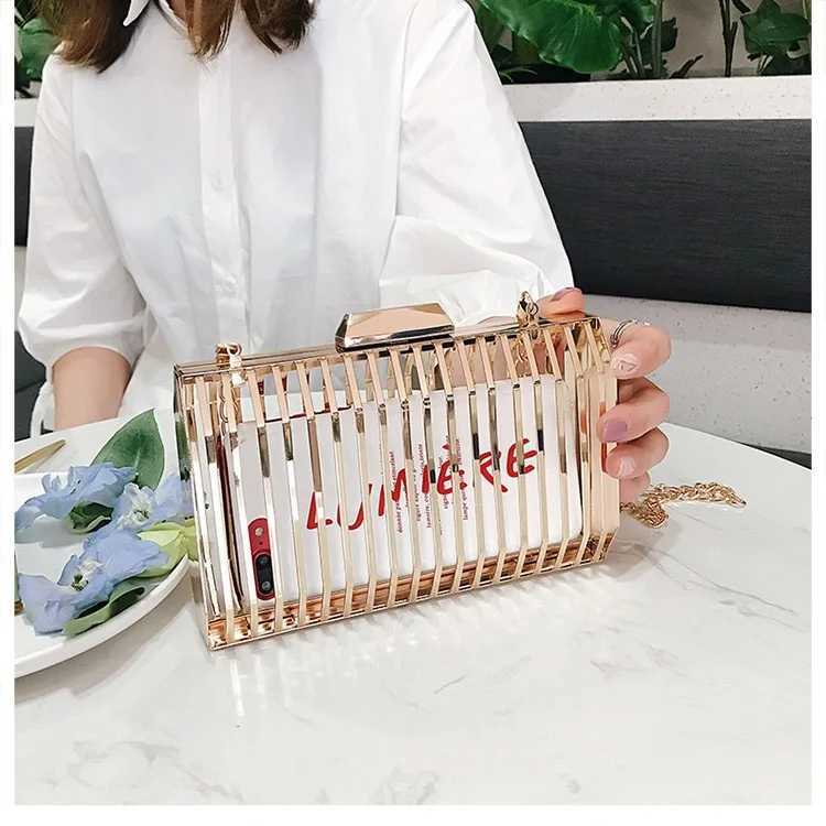 Gold Women Chain Crossbody Bags Iron Cage Metal Hollow Out Evening Clutch Purse Women Party Wedding Handbags Prom Luxury Bolso W250527