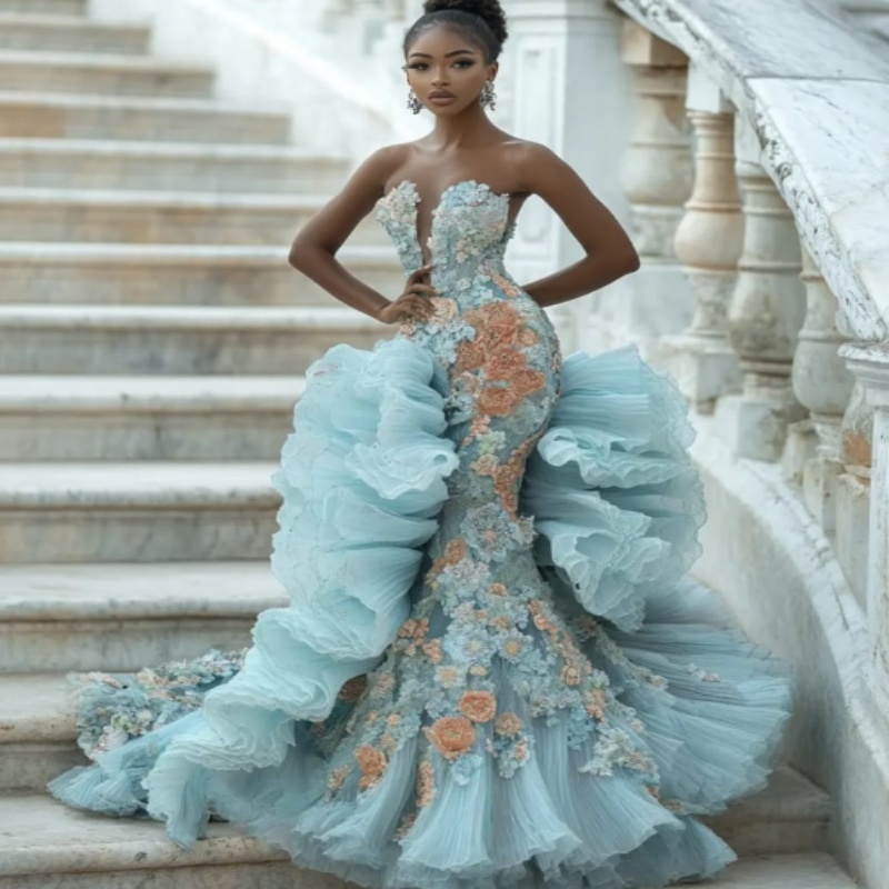 Light Sky Mermaid Prom Dresses 2025 Floral Lace Organza Tiers Ruffles Evening Formal Party Second Birthday Engagement Gowns Plus Size Dress For Specia