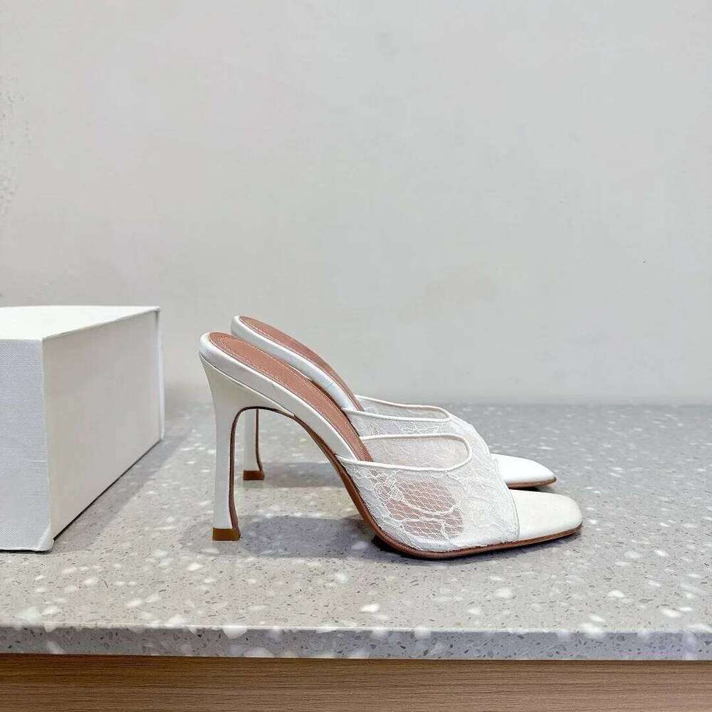 Hot Square Peep Sales High Heels Slippers Toe Runway Party Shoes Woman Summer Slides Mesh Lace Heeled Sandals Women