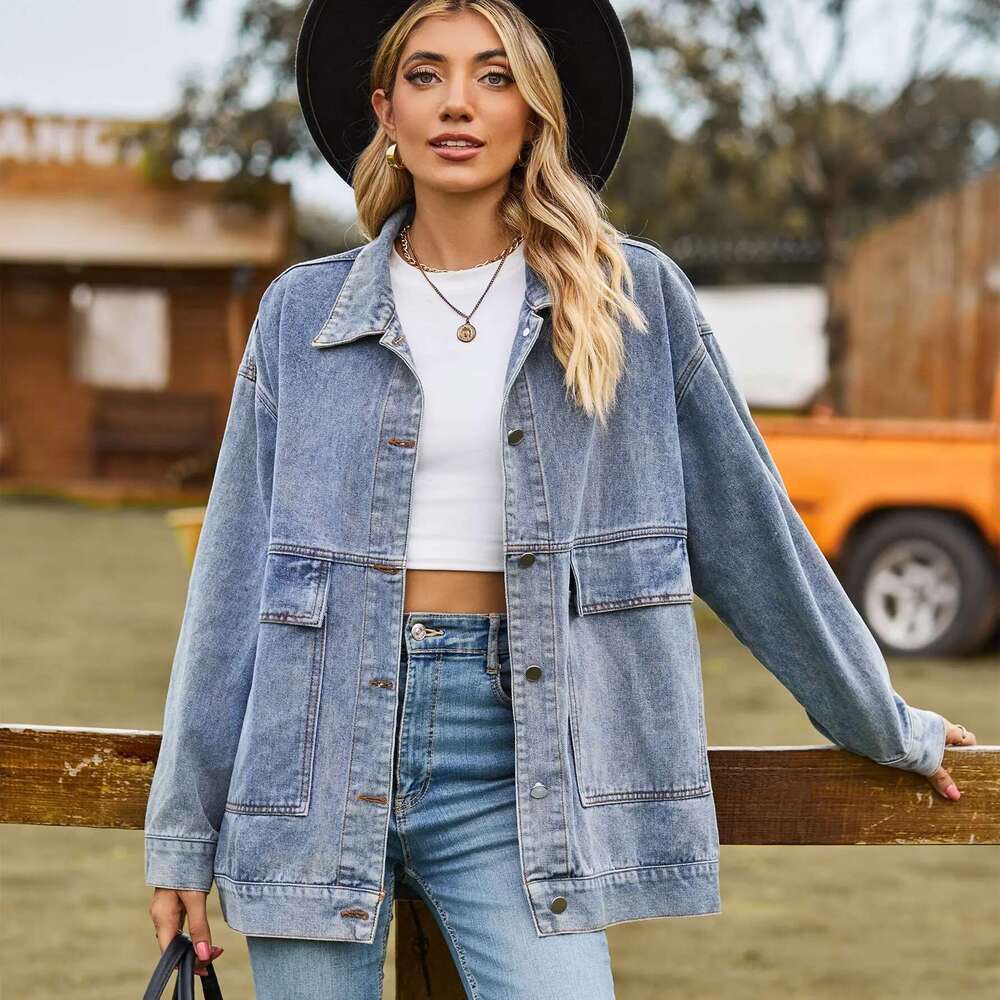 2023 Autumn New Women's Long Sleeve Denim Jacket Fashion Loose Versatile Mid-Length Jeans Coat Casual Clothing S-2Xl