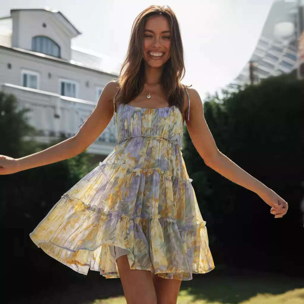 2025 New Summer Vacation Style Sexy Printed Strap Dress