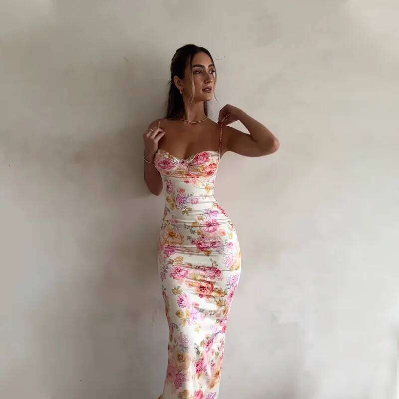 Hot Tight Dresses New Floral Suspender Split Slim Sleeveless Patry Beach Style Spaghetti Strap Women Clothes Mini Dress Summer Casual Knee Length Dres