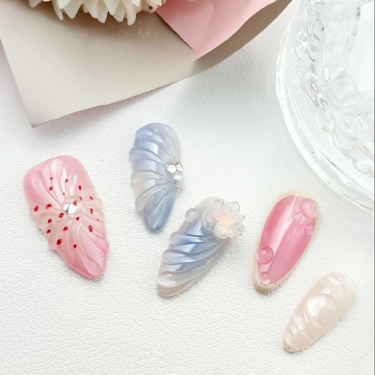 10pcs Sweet Flowers Handmade Press-on nails Medium Almond Nails Bundle Handraw 3D Flowers Poul Diamond Finished nail stickers Free storage box jelly g