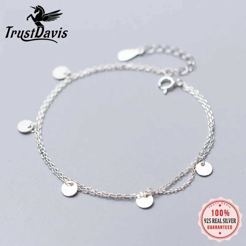 Trustdavis Genuine 100% 925 Sterling Silver Double Chain Layer Round Slice 16cm Bracelet For Women Girls Jewelry Gift DS1867 W250526