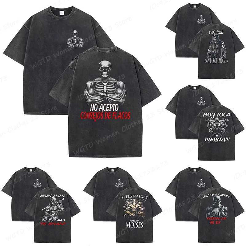 Calacas Chidas Gym Washed T-Shirts Mens Trendy Cool Skeleton Gym Print Oversized T-shirt Summer Tees Streetwear Casual Tops Z250527