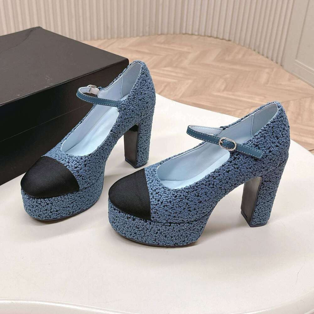 2025 Newest Spring Tweed Round-Toe Platform Super High Heel Buckle-Strap Woman Pumps Pink Color Mary Janes Banquet Bota Feminina