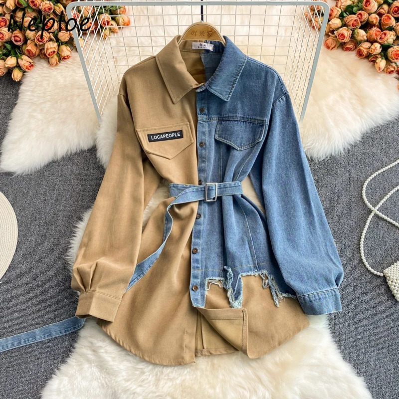 Neploe Unique Denim Patchwork Shirt Turn-down Collar Chic Mujer Blusas Long Sleeve Tops Female Irregular Women Blouses with Belt 250523