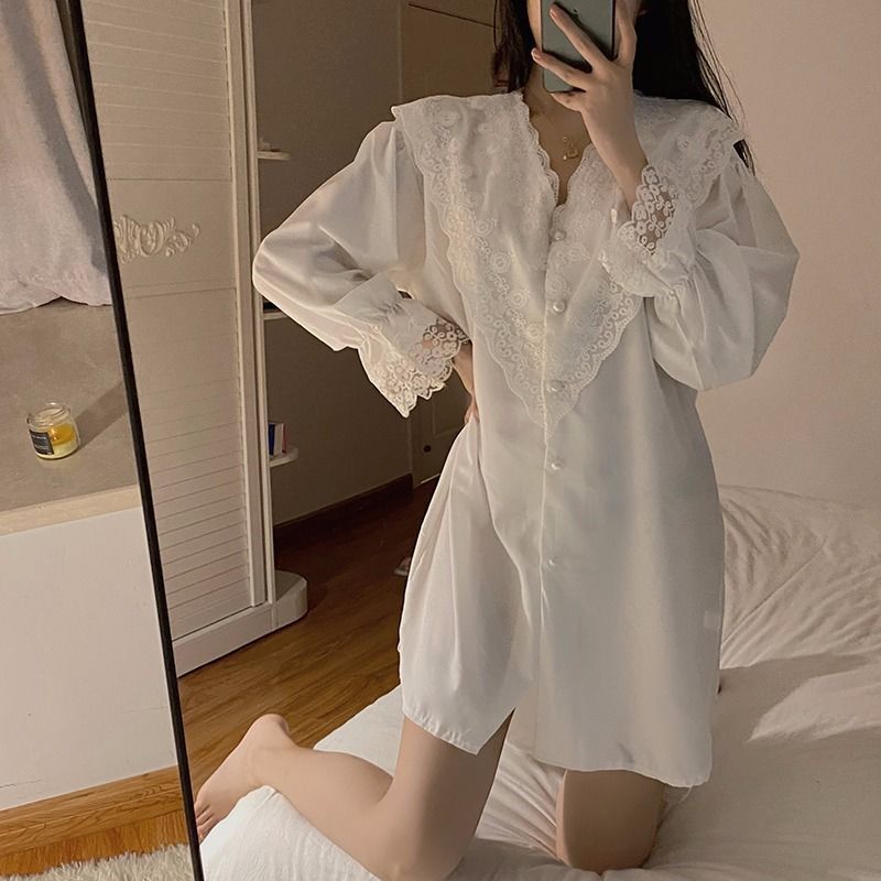 X181-Ice silk pajamas women summer new fashion white shirt medium long silk shirt nightdress
