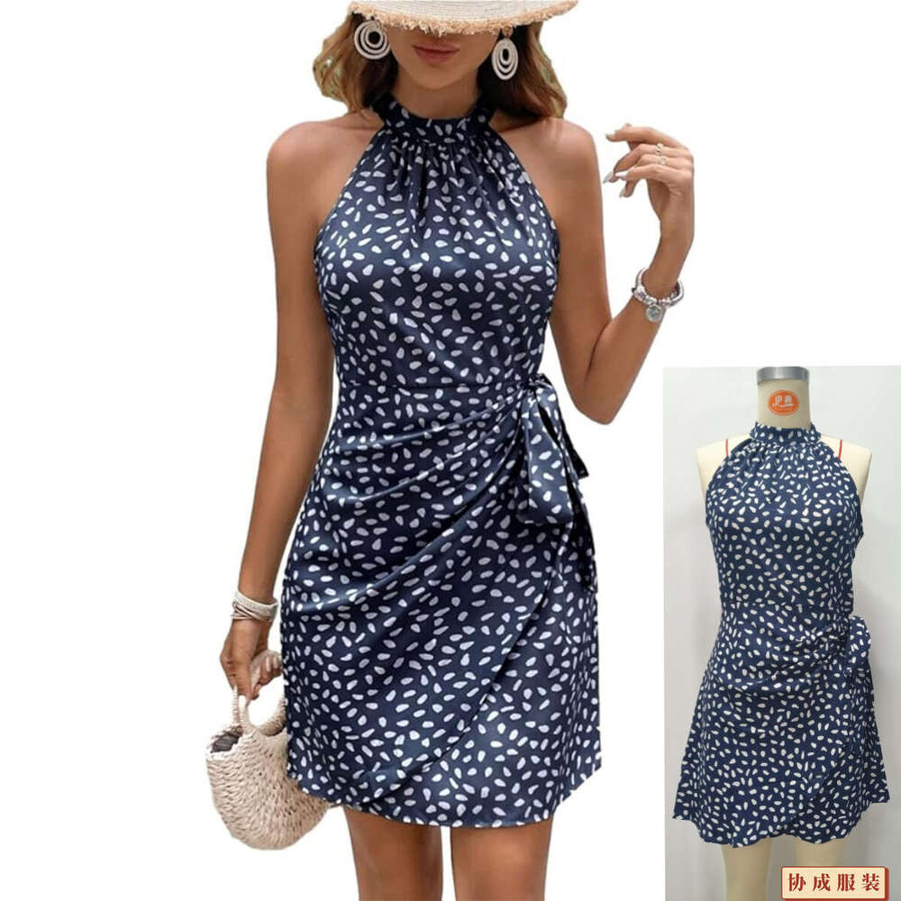 2025 Tie Polka Dot Ruched Sleeveless Waist-Cinching Halter Dress
