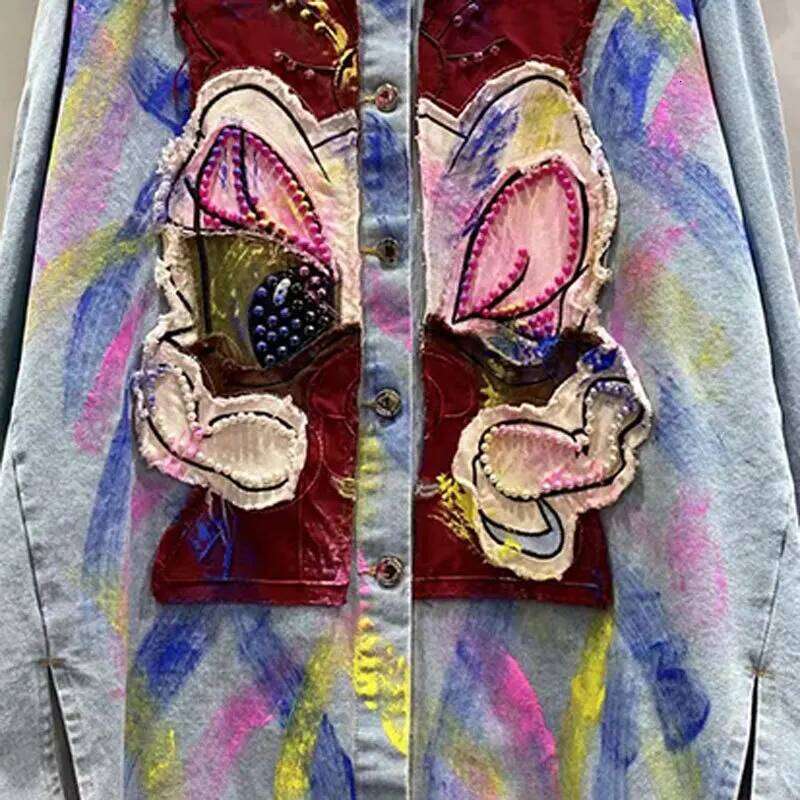 Trendy Jacket 2025 Spring And Autumn New Cartoon Sticker Hand-Painted Design Loose Women's Clothing Denim Shirt
