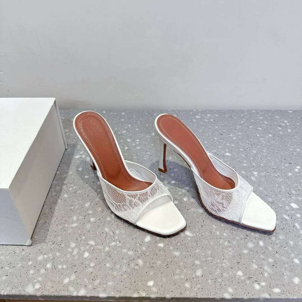 Hot Square Peep Sales High Heels Slippers Toe Runway Party Shoes Woman Summer Slides Mesh Lace Heeled Sandals Women