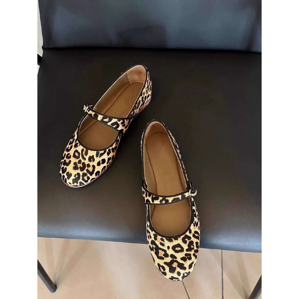 Sheepskin Version ~ Korean Style Niche Leopard Print Genuine Leather One-Strap Flat for Women Ballet Mary Jane Shoes