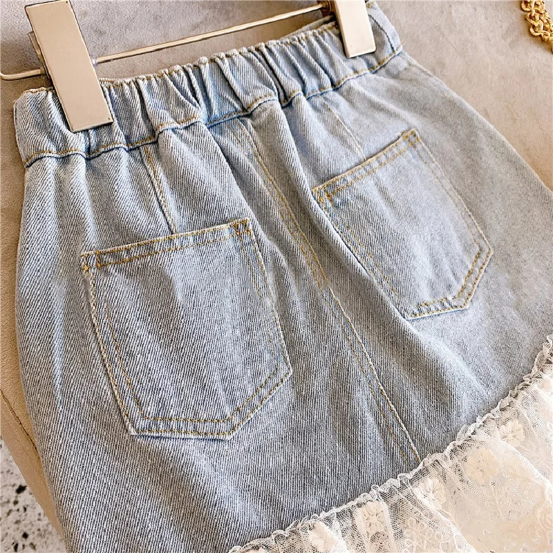 312 year old girls short skirt summer loose denim half solid color sweet lace patchwork skirt 250527