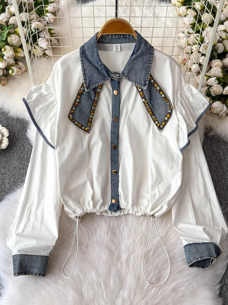 2025 Spring Blouse Lantern Sleeve Denim Patchwork Ruffles Draw String Shirts Fashion n All Match Elegant Women Clothing 250523