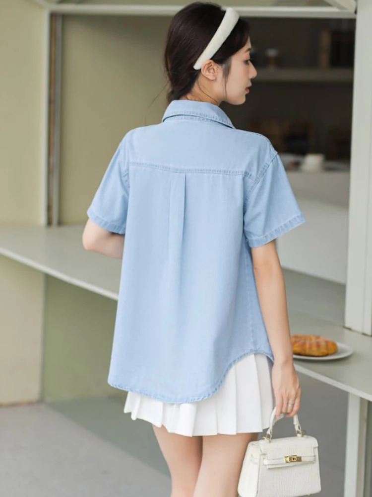 Light Blue Embroidered Love Women Jean Shirt Clothes Summer Loose Streetwear Short Sleeve Chic Denim Shirts Tops Lady 250523