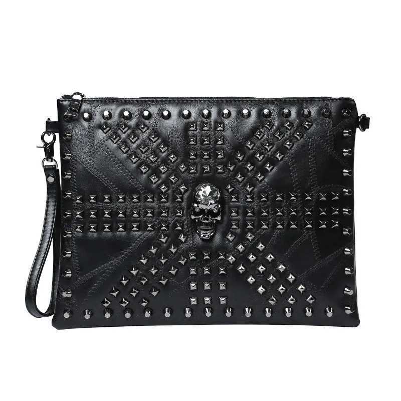 Fashion Skull Rivet Clutch Men Shoulder Bag Soft PU Leather Mens Clutches Handbags Wrist Bag Wallet A4 File Envelope Hand Bag W250527