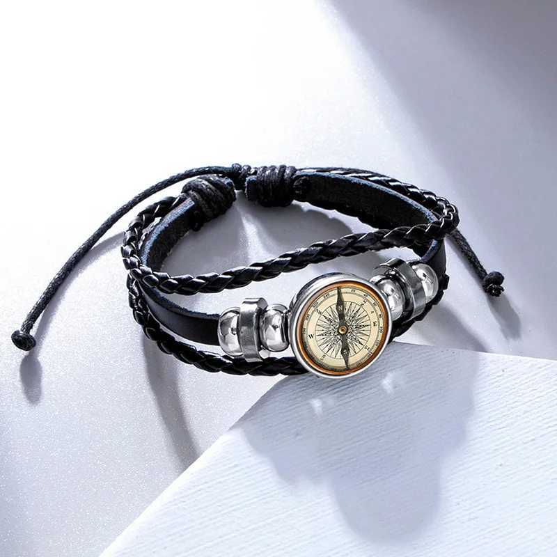 Vintage Compass Picture Glass Dome Snap Button Bracelet Multilayer Woven Leather Bracelets For Men Boys W250526