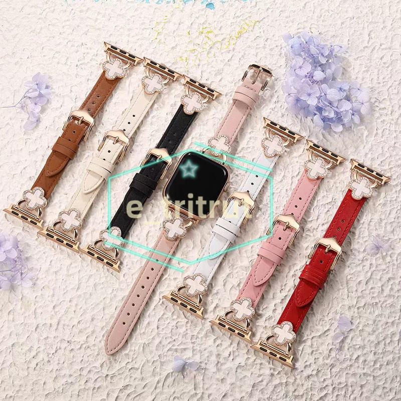 Slim Leather Bands for Apple Watch Band 40 42 38mm 41 44 45 46 49mm Bling Clover Leather Strap Wristband for iWatch Series 10 9 8 7 6 5 4 3 2 1 SE Ultra Diamond Women Watchband