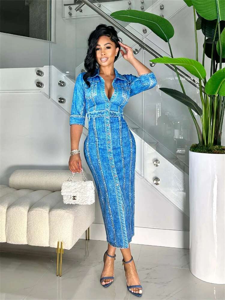 Women Denim Dress Solid Summer New Single Breasted Casual Loose Simple Retro Female Office Shirt Dresses
