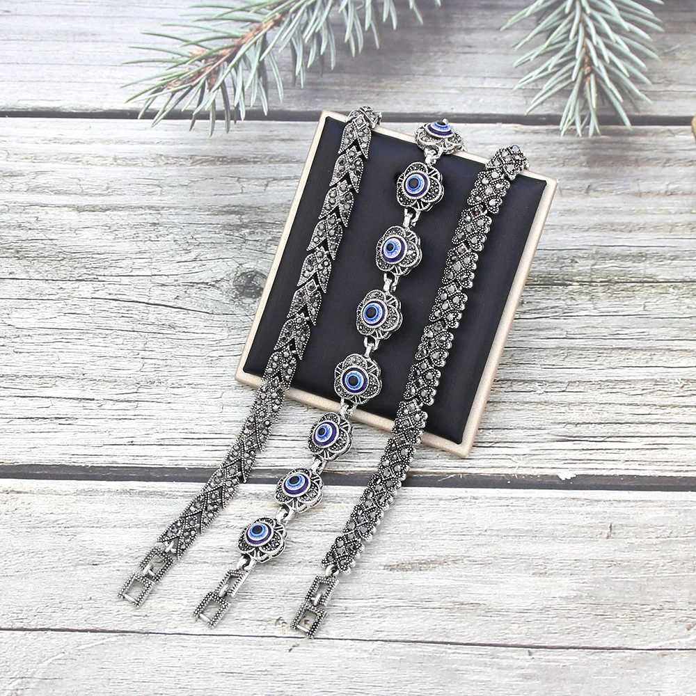Ladies Favorite Gift Vintage Turkish Bracelet Silver Color Crystal Bohemia Link Bracelet Charm Evil Eye Jewelry W250526