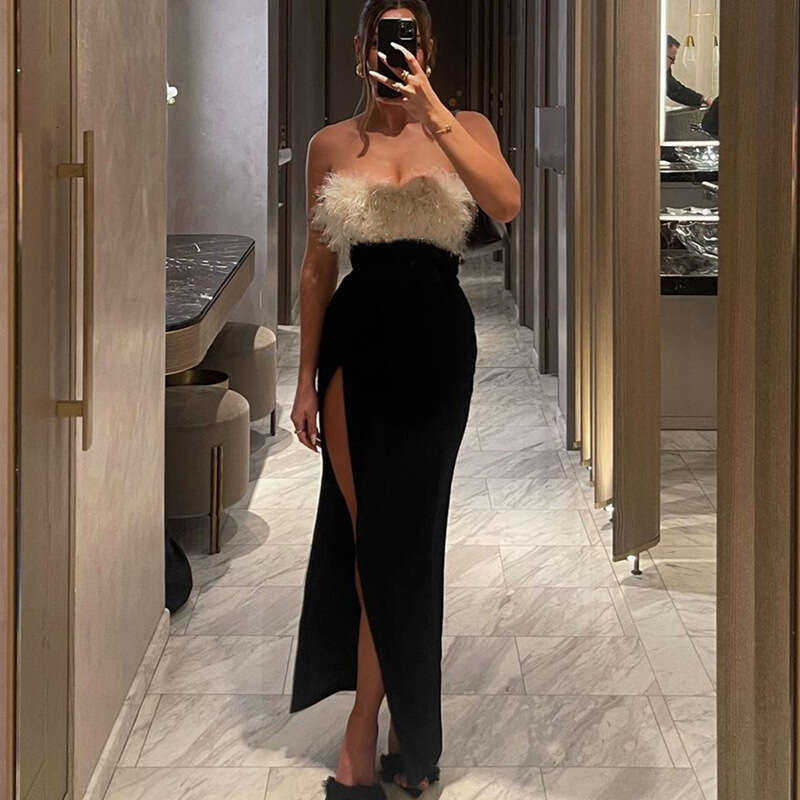 2022 Winter Sexy Hot Girl Off-Shoulder Furry Tube Top Slit Dress for Women