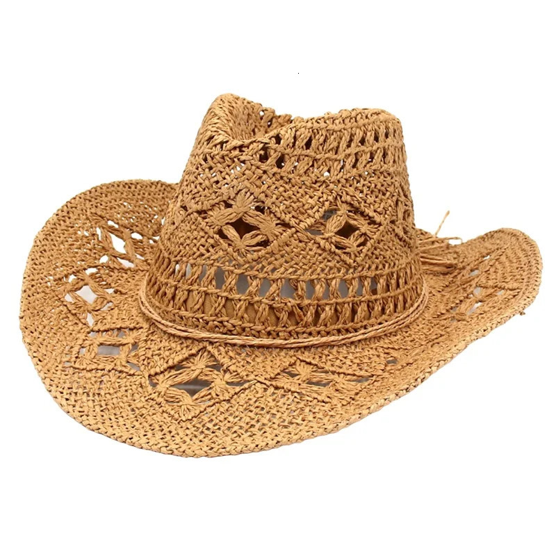 Men Women Western Cowboy Hats Summer Outdoor Hand-Woven Straw Hollowed Wide-brimmed Hat Breathable Beach Jazz Cap Sunhat 250526