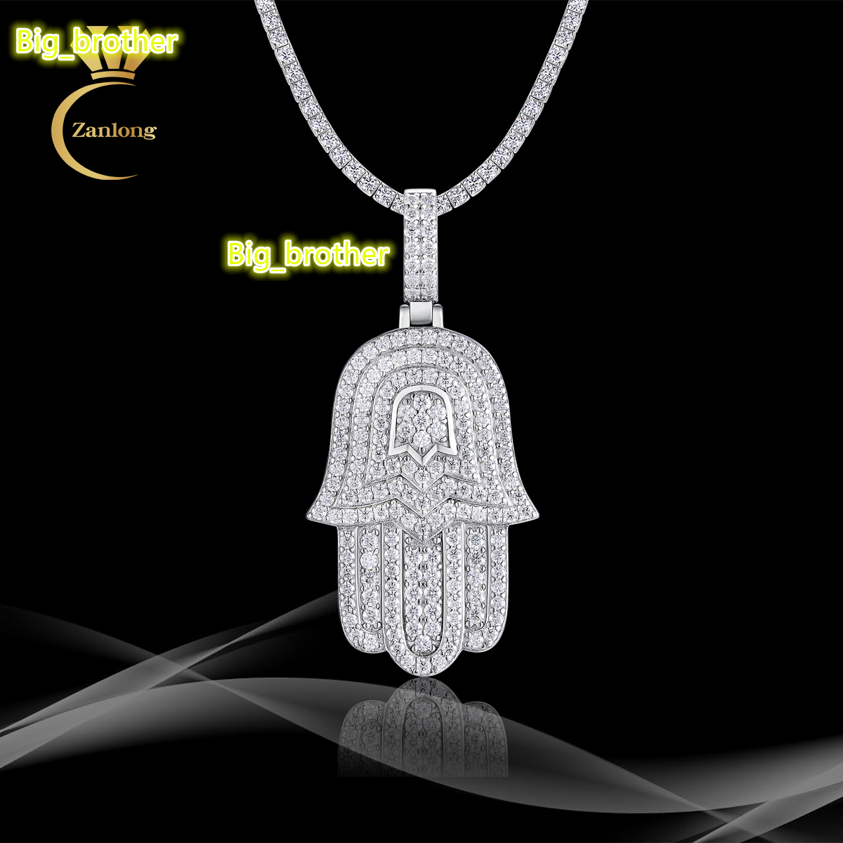 Wholesale Hip Hop Jewelry 925 Sterling Silver Micro Paved VVS Moissanite Diamond Iced Out Hamsa Hand Pendant Necklace for Rapper