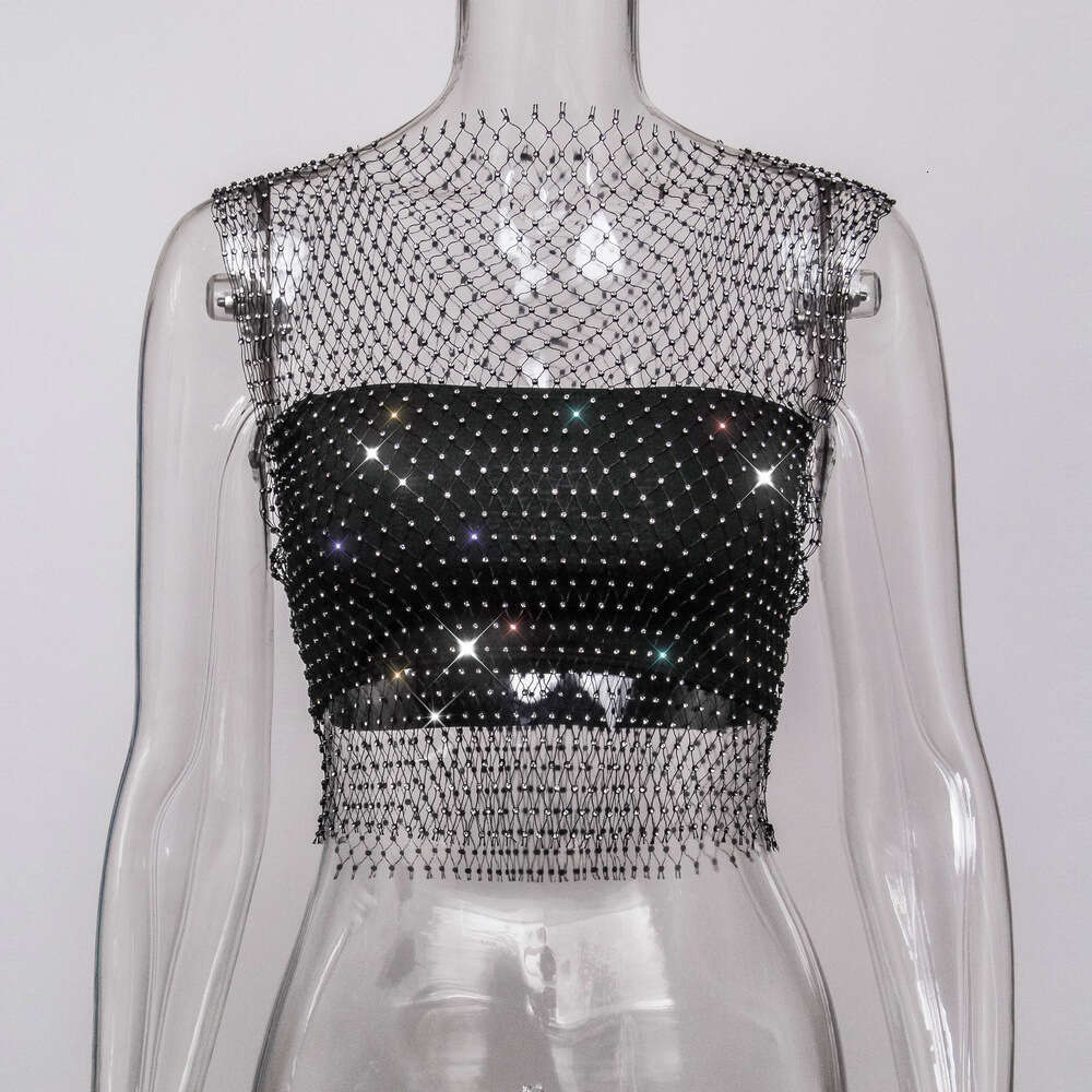 Sexy Nightclub Women's Fishnet Hollow Out Vest Mesh Sparkling Rhinestone Camisole Top for Women