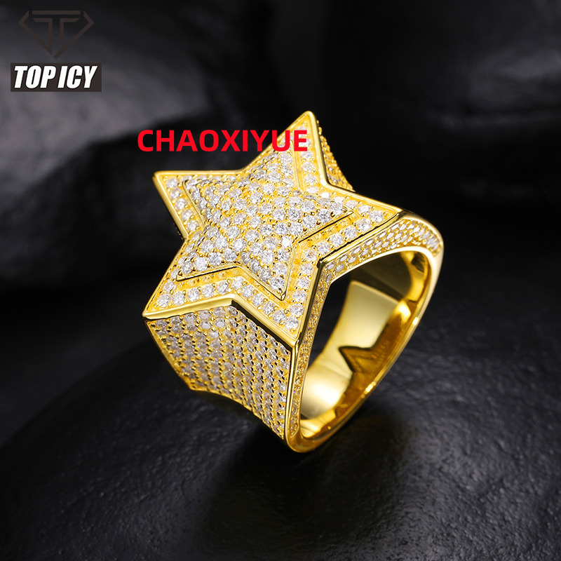 Top Icy Hip Hop Star Ring Men Women Luxury Jewelry Iced Out Gold Plated 925 Sterling Silver VVS Moissanite Ring