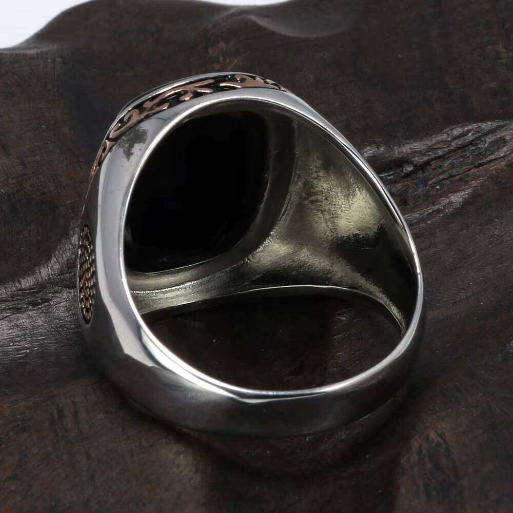 Real Pure Sterling Sier Jewelry Mens Retro Vintage Turkey Ring for Men With Natural Black Agate Stones