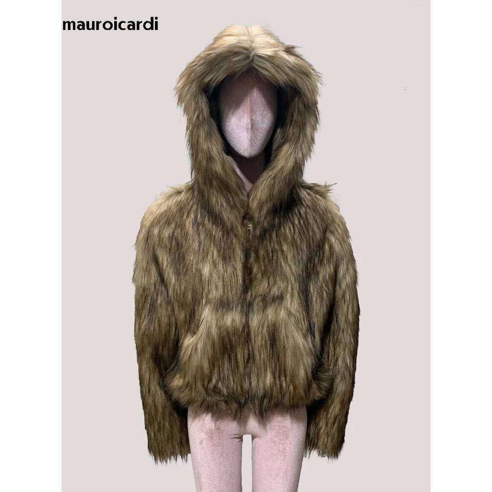 Mauroicardi Spring Winter Short Thick Warm Hairy Shaggy Faux Fox Fur Coat Women with Hood Designer Clothes Fluffy Jacket