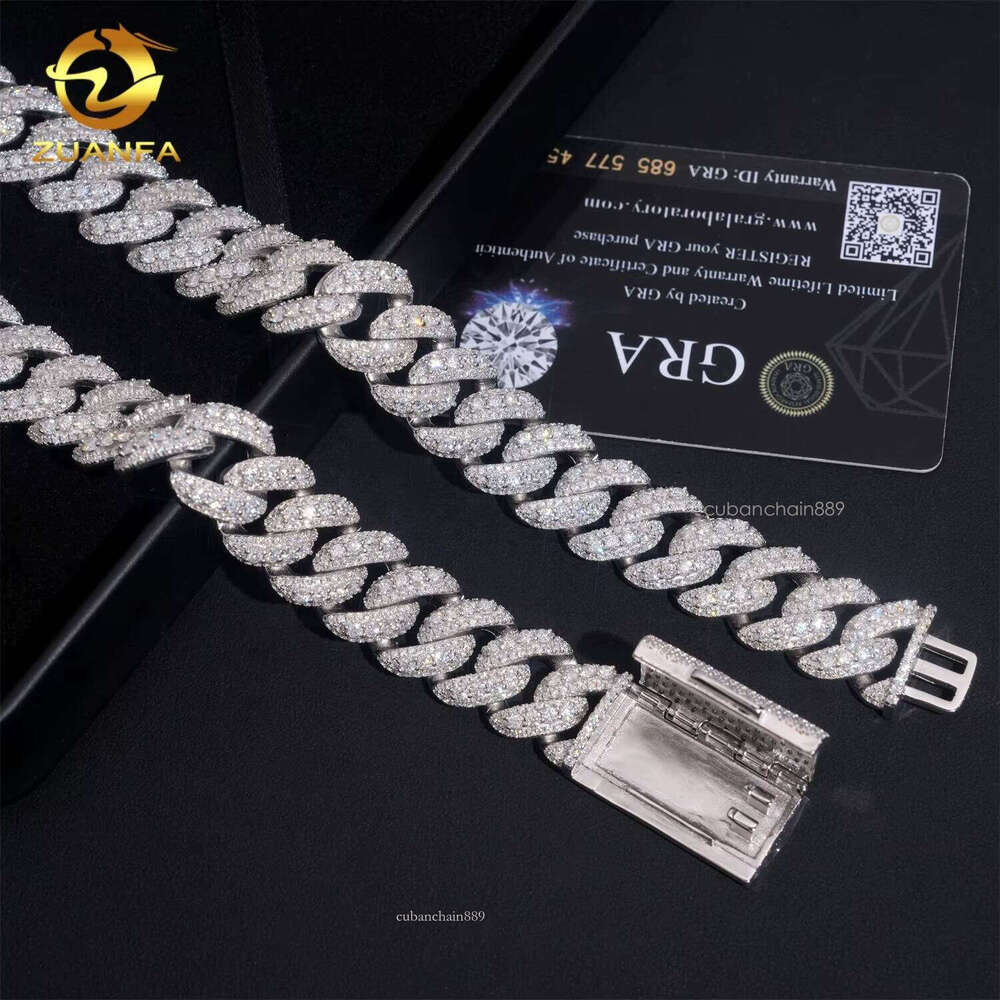 Iced Out Jewelry Hip Hop 3 Rows 18mm Width Sterling Sier VVS Moissanite Dia Miami Cuban Link Chain