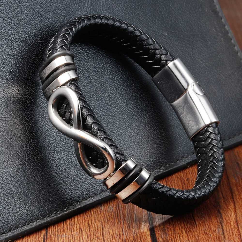 Classic Stainless Steel Leather Bracelet For Men Chain Wristband Business Charm Jewelry Accessories for Dad Boyfriend W250526