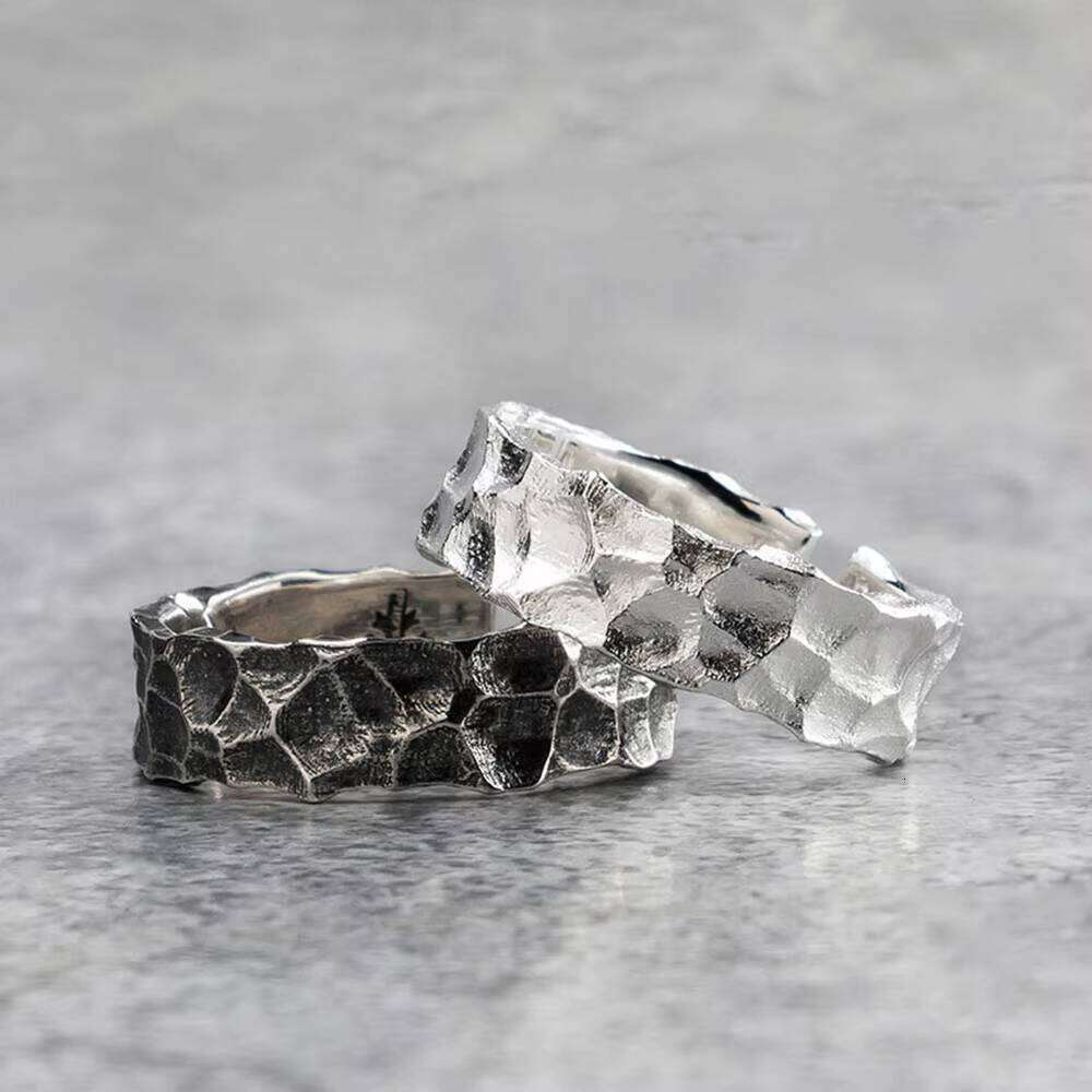 Real Sterling Sier Mens Rings Open Type Hammer Pattern Retro Punk Jewelry