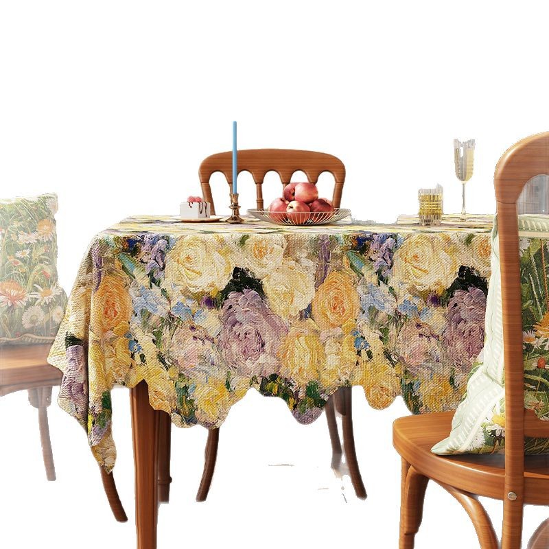 A650 American retro romantic oil painting style tablecloth linen fabric waterproof coffee table cloth pastoral style high-grade jacquard cover cloth