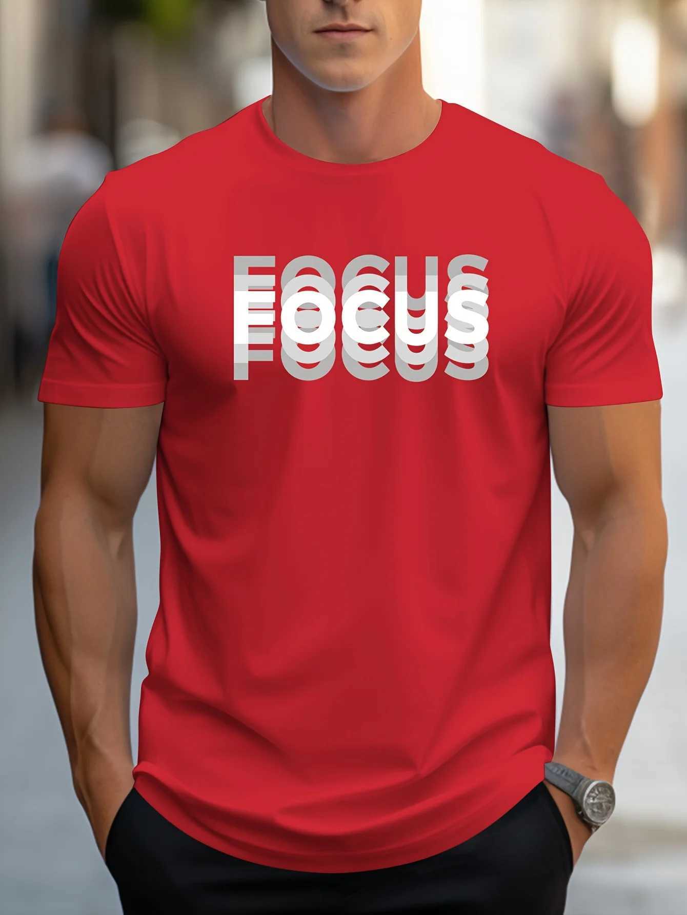 Mens 100% cotton casual sports loose oversized Focus print round neck short sleeved T-shirt top Z250527
